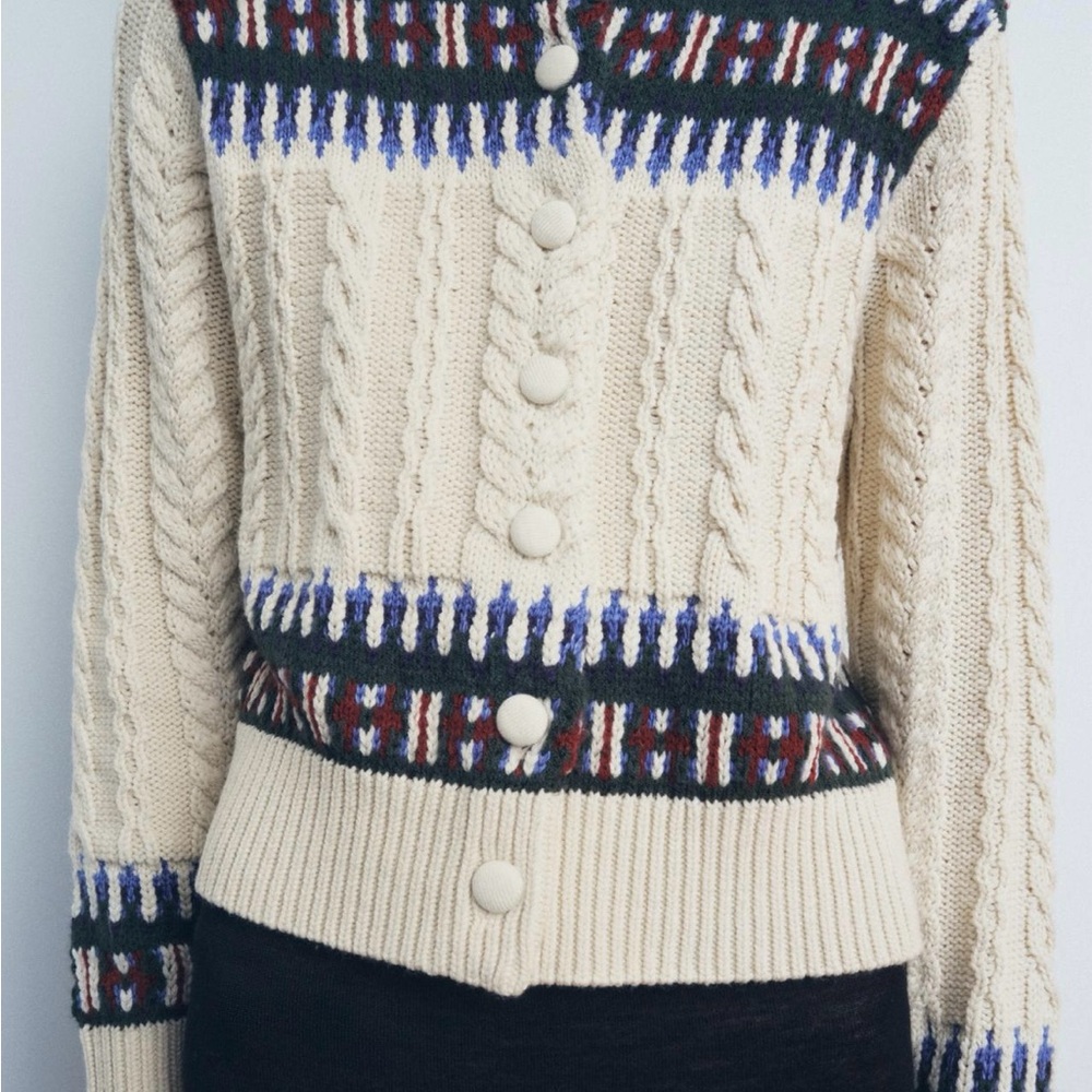 Cream Cable Knit Sweater with Patterned Accents